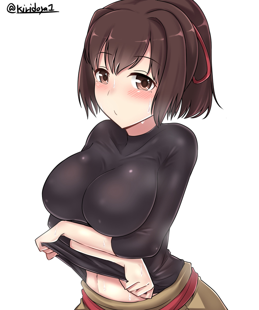 :/ absurdres bangs blush breasts brown_eyes brown_hair brown_skirt closed_mouth eyebrows_visible_through_hair hair_ribbon highres ise_(kantai_collection) kantai_collection kiritto large_breasts lifted_by_self looking_at_viewer ponytail red_ribbon ribbon shirt shirt_lift short_hair simple_background skin_tight skirt sleeves_past_elbows solo sweat tareme taut_clothes taut_shirt twitter_username undressing upper_body white_background