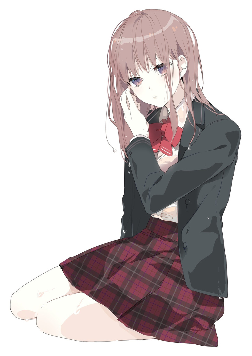 bangs blazer blush brown_hair closed_mouth commentary_request highres jacket long_hair looking_at_viewer open_blazer open_clothes open_jacket original plaid plaid_skirt prin_dog purple_eyes purple_skirt school_uniform shirt sidelocks simple_background sitting skirt solo tsurime unmoving_pattern wet wet_clothes wet_hair wet_shirt white_background white_shirt yokozuwari