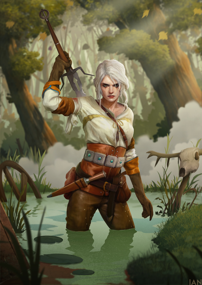 absurdres armband bandaged_arm bandages belt blood breasts brown_gloves ciri dagger gloves green_eyes highres ian_loginov injury leather lips looking_at_viewer md5_mismatch runny_makeup sarashi scar sheath shirt short_hair silver_hair small_breasts solo swamp sword sword_behind_back the_witcher the_witcher_3 unsheathing wading weapon white_hair