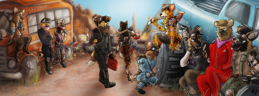african_wild_dog anthro arrow axe bandanna boots bow_(weapon) brothers bus canine clothed clothing detailed_background eyewear footwear goggles group hi_res hyena male mammal mechanic melee_weapon pickles-hyena post-apocalyptic ranged_weapon scrap_yard screwdriver sibling spiked_club stop_sign tools tracksuit twins vehicle weapon