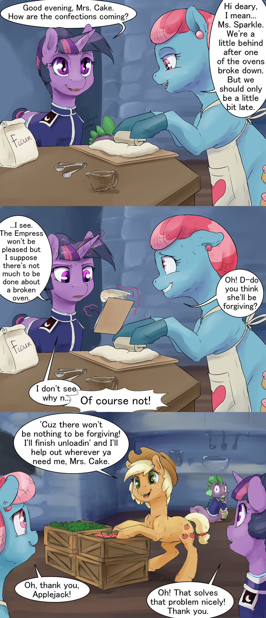 2017 applejack_(mlp) ask_blog clothing comic dialogue dragon english_text equine female food friendship_is_magic horn horse male mammal mrs_cake_(mlp) my_little_pony pony silfoe slit_pupils spike_(mlp) text twilight_sparkle_(mlp) unicorn