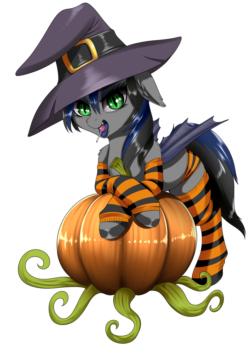 2017 bat_pony candy clothing crossed_hooves dankflank fan_character fangs female food fruit green_eyes hair halloween hat holidays legwear lollipop long_hair looking_at_viewer multicolored_hair my_little_pony open_mouth panties pumpkin simple_background slit_pupils socks solo stockings striped_legwear striped_socks stripes tongue tongue_out underwear white_background witch_hat