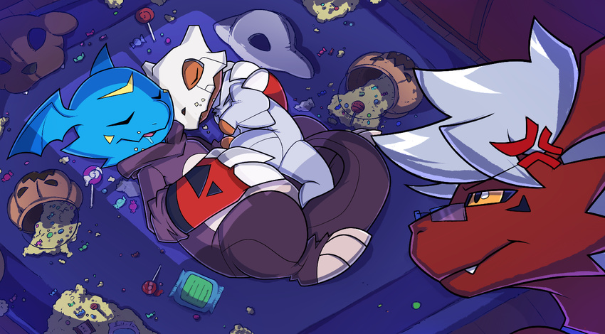 2017 blue_scales brothers candy claws clothed clothing costume cubone cute detailed_background digimon digital_media_(artwork) dragon duo fan_character food giramon guilmon halloween hi_res holidays hug hybrid ladynoface96 lizard male markings nintendo pok&eacute;mon pok&eacute;mon_(species) reptile scales scalie sibling sleeping sol_(character) sven_(character) sven_the_giramon toe_claws toto_(character) totodice1 vee4eva veemon video_games