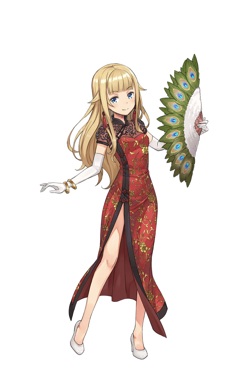 bangle blonde_hair blue_eyes bracelet china_dress chinese_clothes dress earrings elbow_gloves feather_fan full_body gloves high_heels highres jewelry long_hair looking_at_viewer makaria official_art princess_(princess_principal) princess_principal princess_principal_game_of_mission solo standing transparent_background white_footwear white_gloves