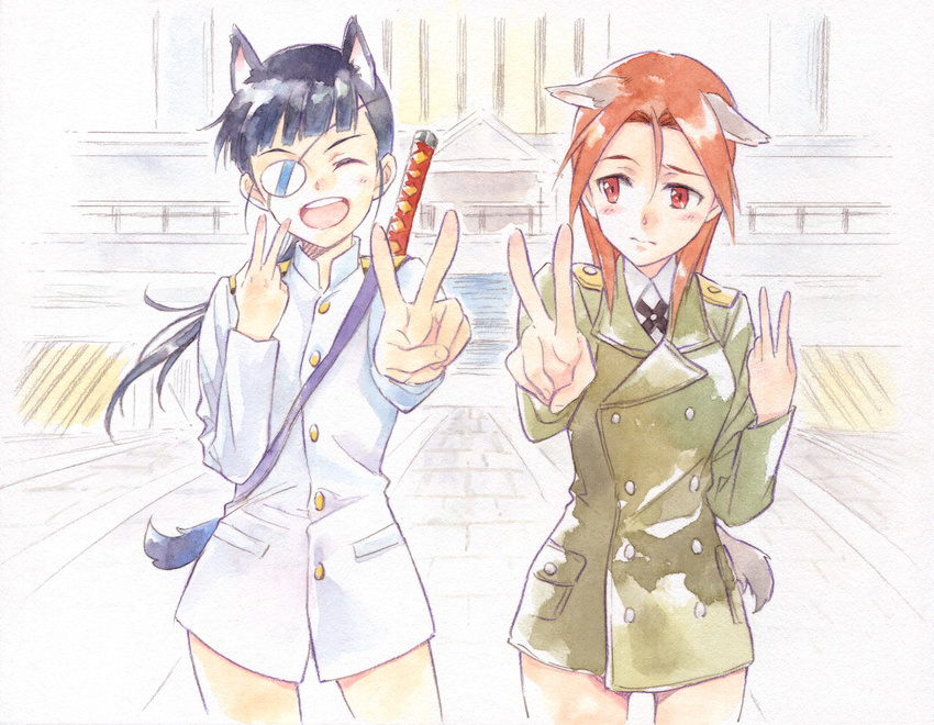 :d agahari animal_ears closed_mouth cowboy_shot eyepatch koi_dance long_hair looking_at_another minna-dietlinde_wilcke multiple_girls open_mouth print_eyepatch red_hair sakamoto_mio smile strike_witches thighs traditional_media v watercolor_(medium) white_eyepatch world_witches_series