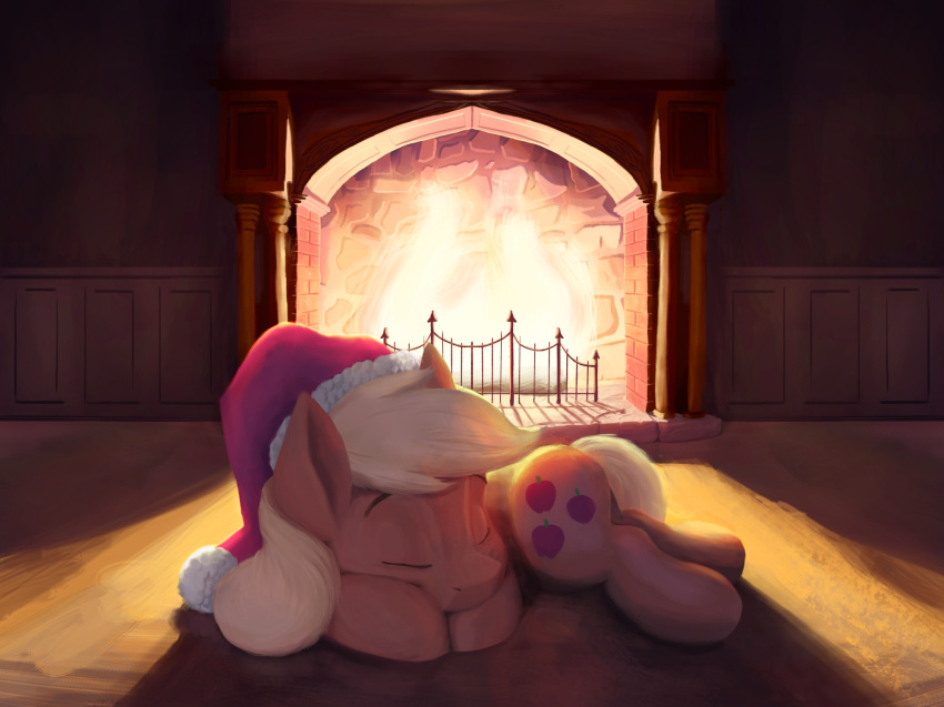 2018 anontheanon applejack_(mlp) blonde_hair christmas cutie_mark equine eyes_closed fireplace friendship_is_magic hair hat hi_res holidays horse inside mammal my_little_pony on_ground pony santa_hat sleeping solo