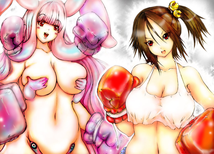 bare_shoulders bell boxer boxing boxing_gloves breast_press breasts brown_hair covering covering_breasts gloves hair_intakes hair_ornament head_tilt hips large_breasts long_hair melona multiple_girls navel pink_hair queen's_blade queen's_blade shirt side_ponytail sport standing top tsukasawa_takamatsu tsukazawa upper_body wide_hips