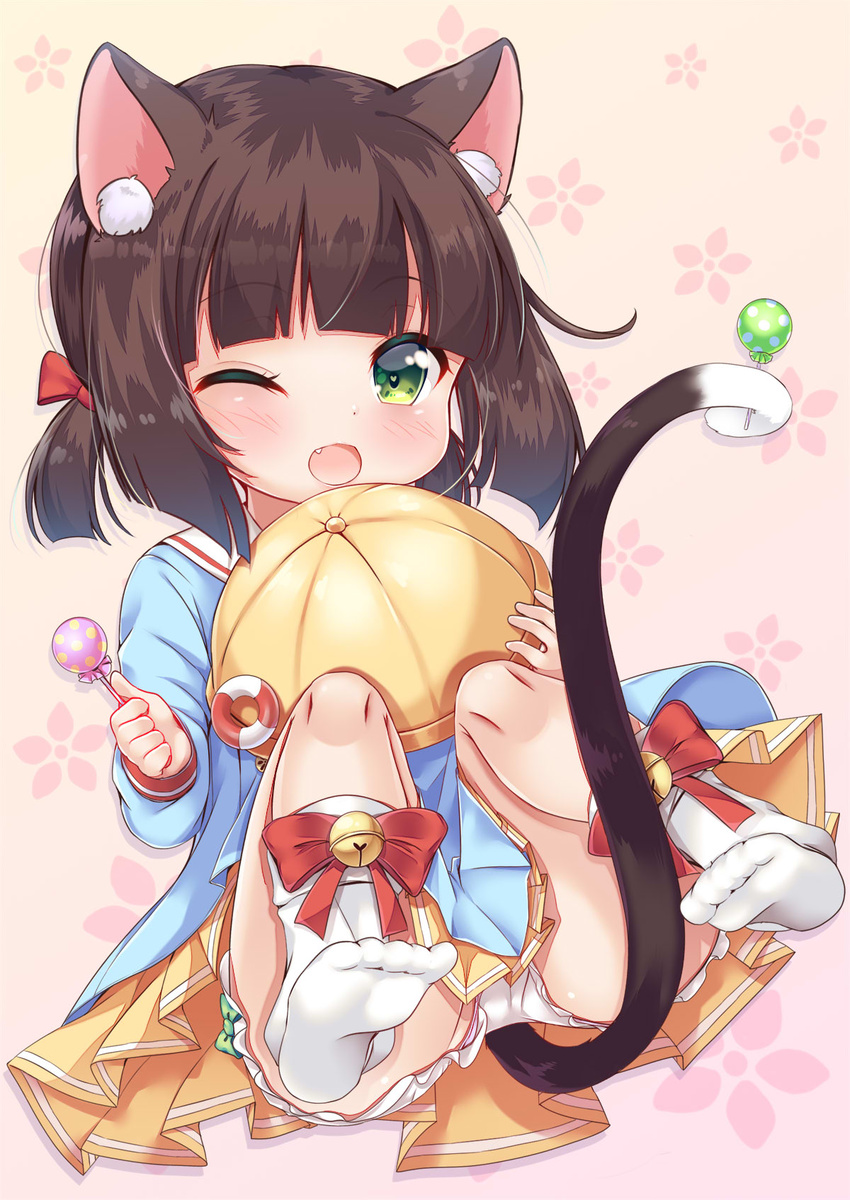 ;d animal_ears azur_lane bangs bell bloomers blue_shirt blunt_bangs blush bow brown_hair candy cat_ears cat_girl cat_tail child commentary_request eyebrows_visible_through_hair fang floral_background food full_body green_bow green_eyes hat hat_removed headwear_removed heart heart-shaped_pupils highres holding holding_lollipop jingle_bell kindergarten_uniform ko_yu lifebuoy lollipop long_sleeves looking_at_viewer low_twintails mutsuki_(azur_lane) no_shoes one_eye_closed open_mouth panties panty_peek pink_background pink_panties pleated_skirt prehensile_tail red_bow school_hat shirt short_twintails sidelocks simple_background skirt smile socks soles solo symbol-shaped_pupils tail tareme twintails underwear white_bloomers white_legwear yellow_hat yellow_skirt