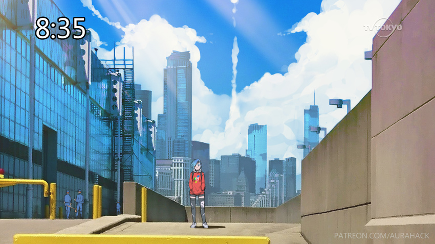 3boys backpack bag blue_hair blue_sky broom building chicago cloud commentary day derivative_work erica_june_lahaie fake_screenshot hair_over_one_eye hands_in_pockets hat headphones headphones_around_neck highres multiple_boys original outdoors shadow shoes short_shorts shorts sky skyscraper sneakers sunlight sweater thighhighs tv_tokyo watermark web_address