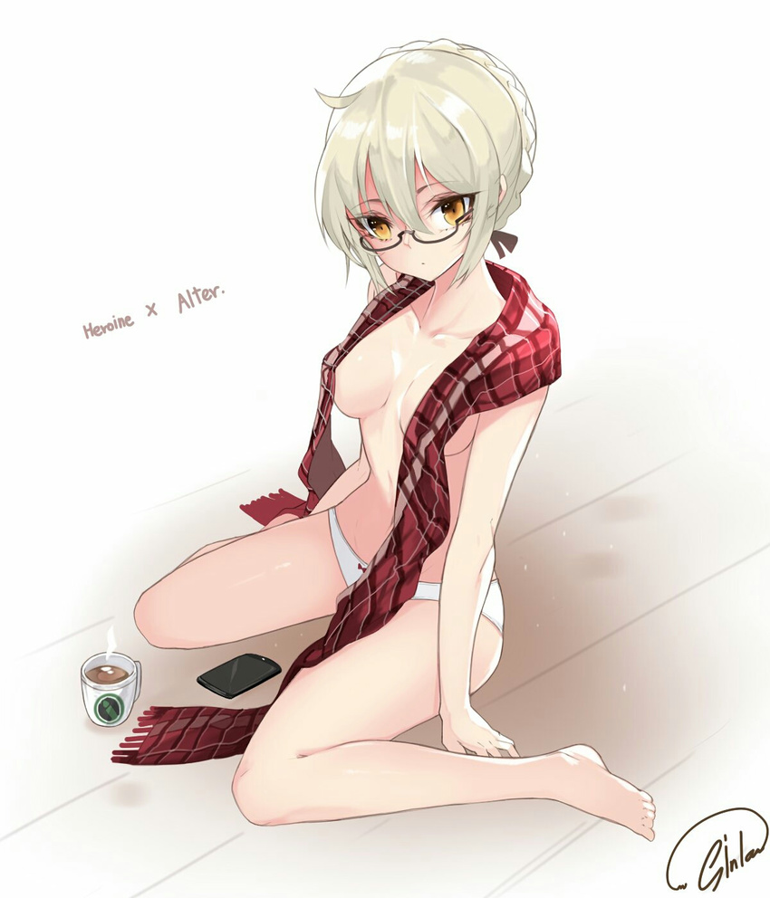 ahoge arms_at_sides artoria_pendragon_(all) bad_id bad_pixiv_id bangs bare_legs barefoot black-framed_eyewear blonde_hair bow bow_panties braid breasts breasts_apart cellphone closed_mouth coffee coffee_mug collarbone convenient_censoring cup fate/grand_order fate_(series) fringe_trim full_body glasses highres huyou_(awegk) looking_at_viewer medium_breasts mug mysterious_heroine_x_(alter) on_floor orange_eyes panties phone plaid plaid_scarf red_bow red_scarf scarf semi-rimless_eyewear short_hair signature simple_background sitting smartphone solo topless tsurime under-rim_eyewear underwear underwear_only wariza white_background white_panties wooden_floor