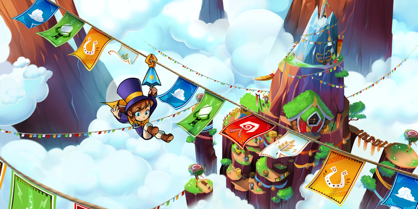blue_eyes boots bridge brown_hair cape cloud cloudy_sky day flag floating_island grass grassy hat hat_kid hay haystack highres hook house jenna_brown mountain official_art ponytail rooftop rope sky symbol top_hat tree umbrella well wheelbarrow window