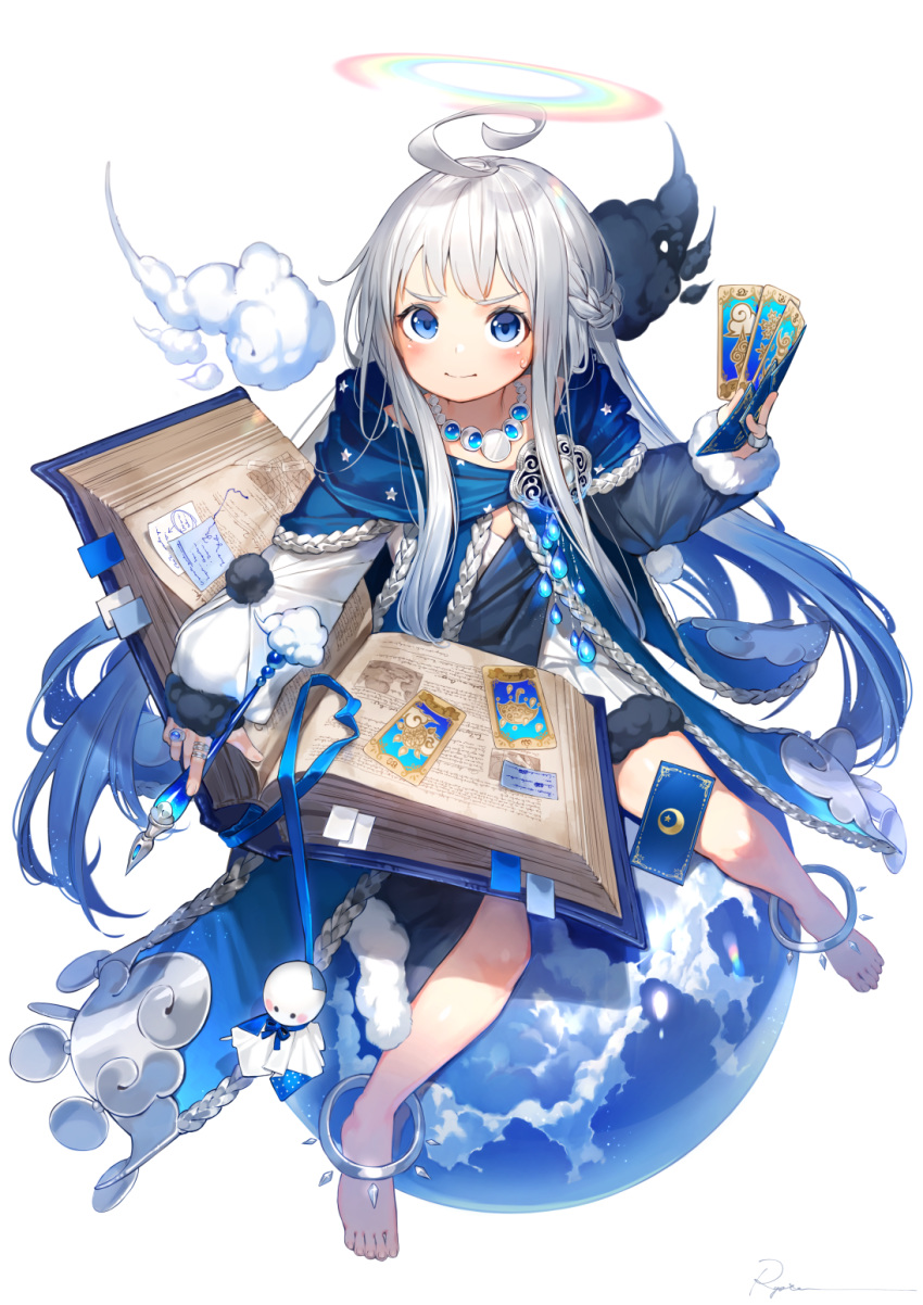 1girl ahoge anklet ball barefoot blue blue_cloak blue_ribbon blush book braid card cloak closed_mouth cloud dress feet french_braid halo highres holding holding_book holding_card holding_pen jewelry long_hair long_sleeves looking_at_viewer necklace open_book original pen rainbow ribbon ring ryota_(ry_o_ta) silver_hair simple_background sitting sleeves_past_wrists solo sweat thick_eyebrows thighs very_long_hair white_background white_dress