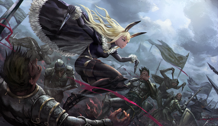 1girl 6+boys animal_ears armor armored_boots battle battle_standard black_cape blonde_hair blood bodysuit boots breasts brown_eyes brown_hair brown_legwear bunny_ears cape cloud cloudy_sky commentary_request dagger dual_wielding fantasy flag fur-trimmed_cape fur_trim gauntlets holding holding_dagger holding_shield holding_sword holding_weapon knee_boots long_hair medium_breasts multiple_boys noba open_mouth outdoors pixiv_fantasia pixiv_fantasia_last_saga polearm shield short_hair shoulder_armor sky spaulders spear sword thighhighs wavy_hair weapon