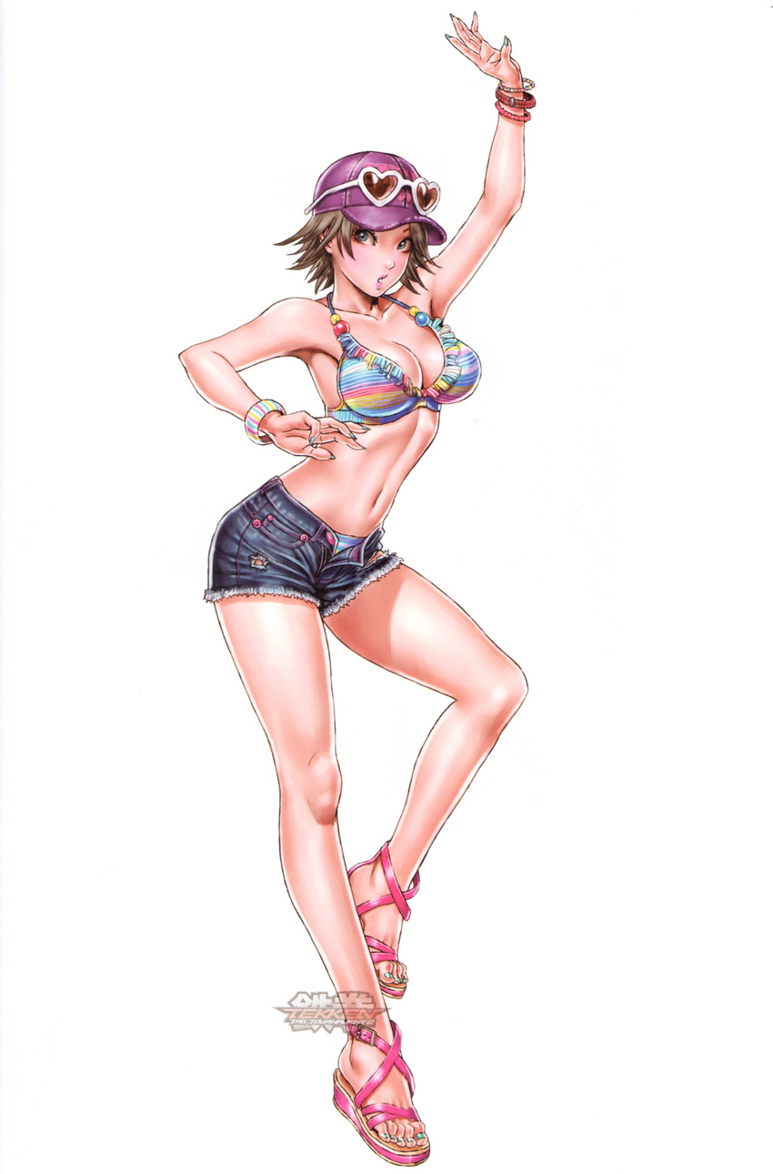 absurdres bangle baseball_cap bikini_top bracelet breasts brown_eyes brown_hair cleavage copyright_name denim denim_shorts eyewear_on_head green_eyes green_nails hat heart heart-shaped_eyewear highres hirano_miharu jewelry leg_up medium_breasts nail_polish official_art panties parted_lips pink_footwear sandals short_hair short_shorts shorts smile solo striped_bikini_top sunglasses teeth tekken tekken_tag_tournament_2 toenail_polish underwear watermark yamashita_shun'ya