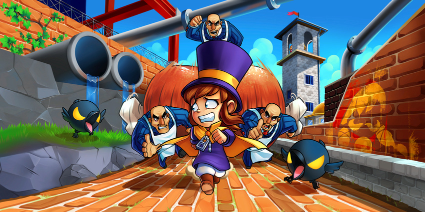 apron blue_eyes boots brick_floor brick_wall brown_hair cape drainpipe facial_hair fleeing graffiti hat hat_kid highres jenna_brown mafia_(a_hat_in_time) mustache mustache_girl official_art pipes teeth top_hat tower water waterfall