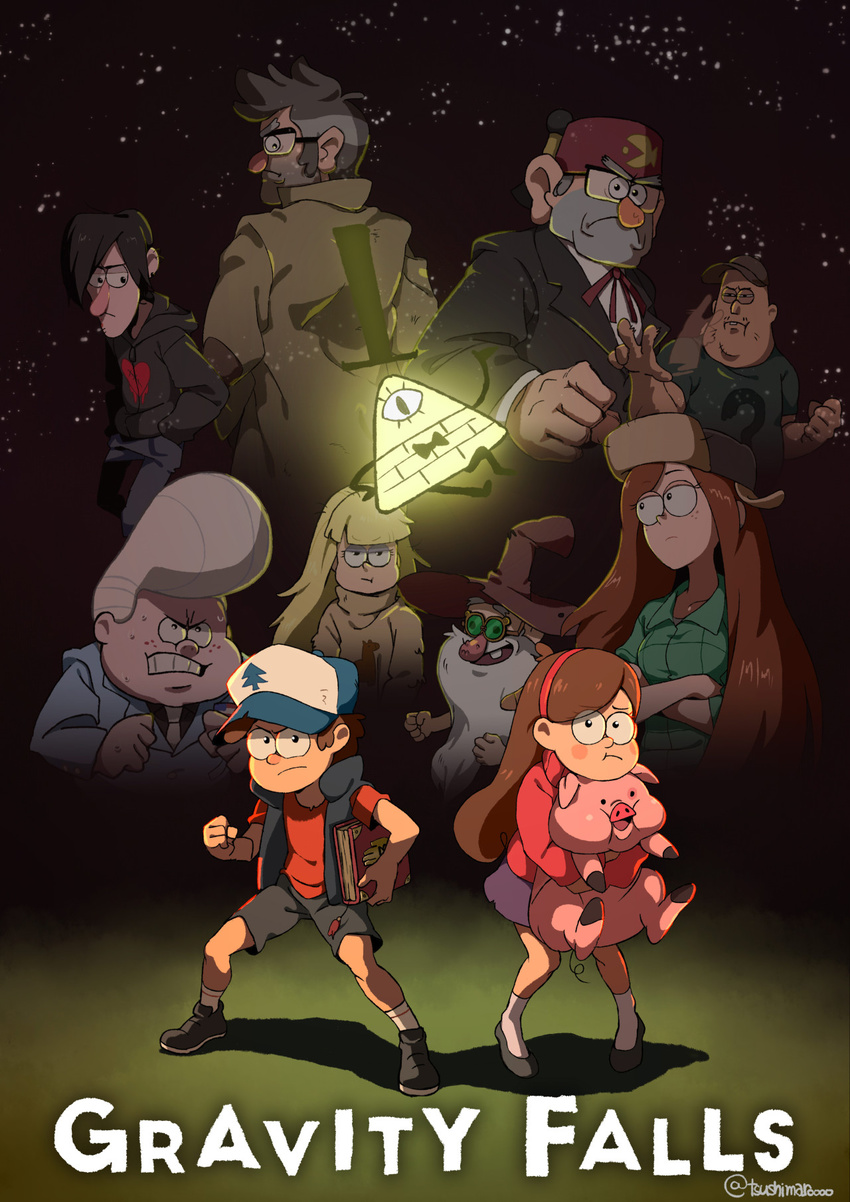 3girls 6+boys aerosol_(artist) beard bill_cipher dipper_pines facial_hair fur_hat gravity_falls hat highres hood hoodie long_hair mabel_pines multiple_boys multiple_girls pacifica_northwest pig soos stanley_pines trench_coat ushanka waddles wendy_corduroy