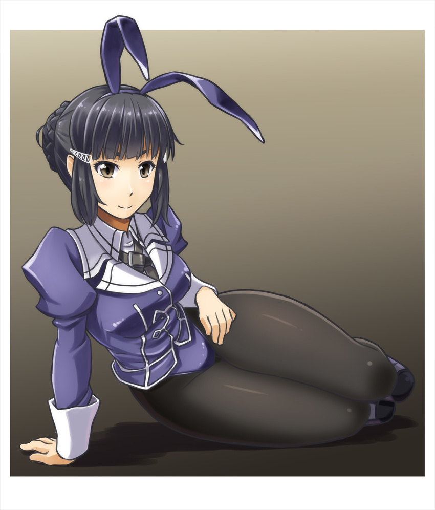 adapted_costume alto-00 animal_ears black_hair black_legwear breasts brown_eyes brown_hair bunny_ears bunny_girl bunnysuit detached_collar fake_animal_ears gloves grey_background hair_bun hair_ornament hairclip hand_on_hip highres jacket kantai_collection leotard long_sleeves looking_at_viewer md5_mismatch medium_breasts myoukou_(kantai_collection) pantyhose purple_leotard remodel_(kantai_collection) sailor_collar shadow short_hair sitting smile solo tail wrist_cuffs