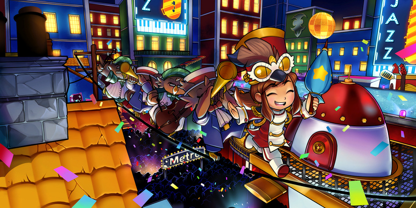 balancing belt bird bow bowtie brown_hair cable chimney city cityscape confetti crowd crowded glasses hat_kid highres horn instrument jenna_brown marching marching_band music neon_lights official_art owl parade playing_instrument ponytail rocket rooftop sign tightrope umbrella violin window