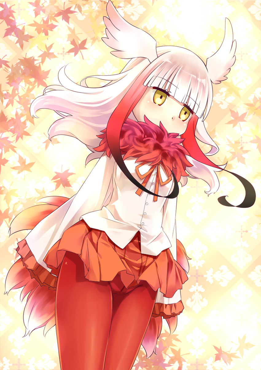 54hao absurdres ass autumn_leaves bangs black_hair blunt_bangs blush covered_mouth crotch_seam dutch_angle eyebrows_visible_through_hair frilled_sleeves frills fur_collar gradient_hair head_wings highres japanese_crested_ibis_(kemono_friends) kemono_friends long_hair long_sleeves looking_away multicolored_hair pantyhose pleated_skirt red_hair red_legwear red_ribbon red_skirt ribbon shirt sidelocks skirt sleeves_past_wrists solo tail white_hair white_shirt white_wings wide_sleeves wings yellow_eyes