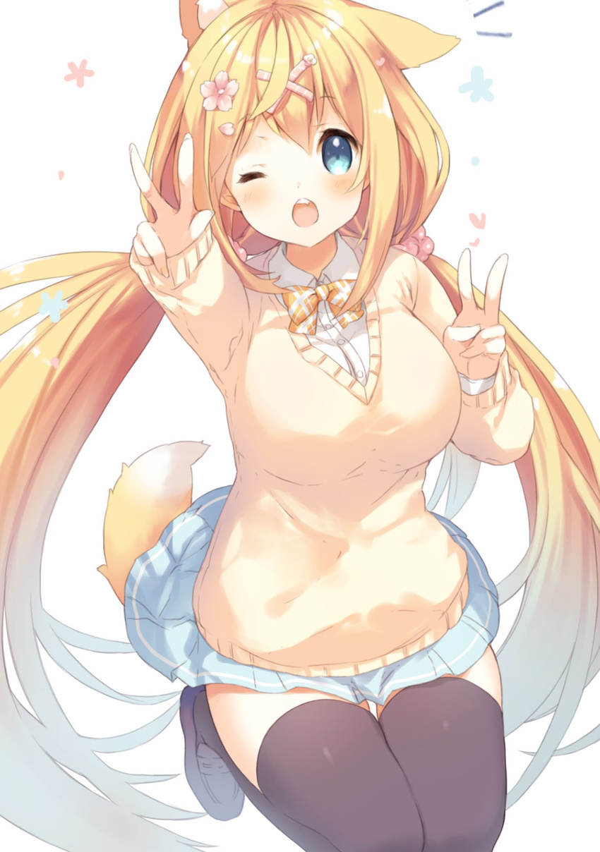 amamiya_mei animal_ear_fluff animal_ears bangs blonde_hair blue_eyes bow bowtie breasts cherry_blossoms collar double_v extra_ears flower fox_ears fox_tail hair_flower hair_ornament hairclip heart highres large_breasts loafers long_hair long_sleeves looking_at_viewer low_twintails one_eye_closed open_mouth original outstretched_arm p19 shirt shoes simple_background skirt solo sweater tail thighhighs twintails v white_background zettai_ryouiki