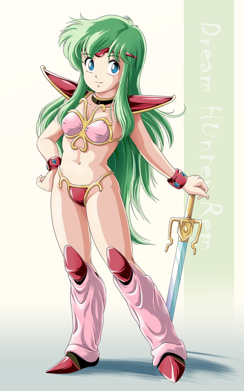 armor ayanokouji_rem bikini_armor blue_eyes boots bracer breasts choker copyright_name covered_nipples dream_hunter_rem full_body gem green_hair hand_on_hip highres knee_boots leg_warmers long_hair navel pauldrons pink_legwear small_breasts smile solo sword tamanegiinyo tiara weapon