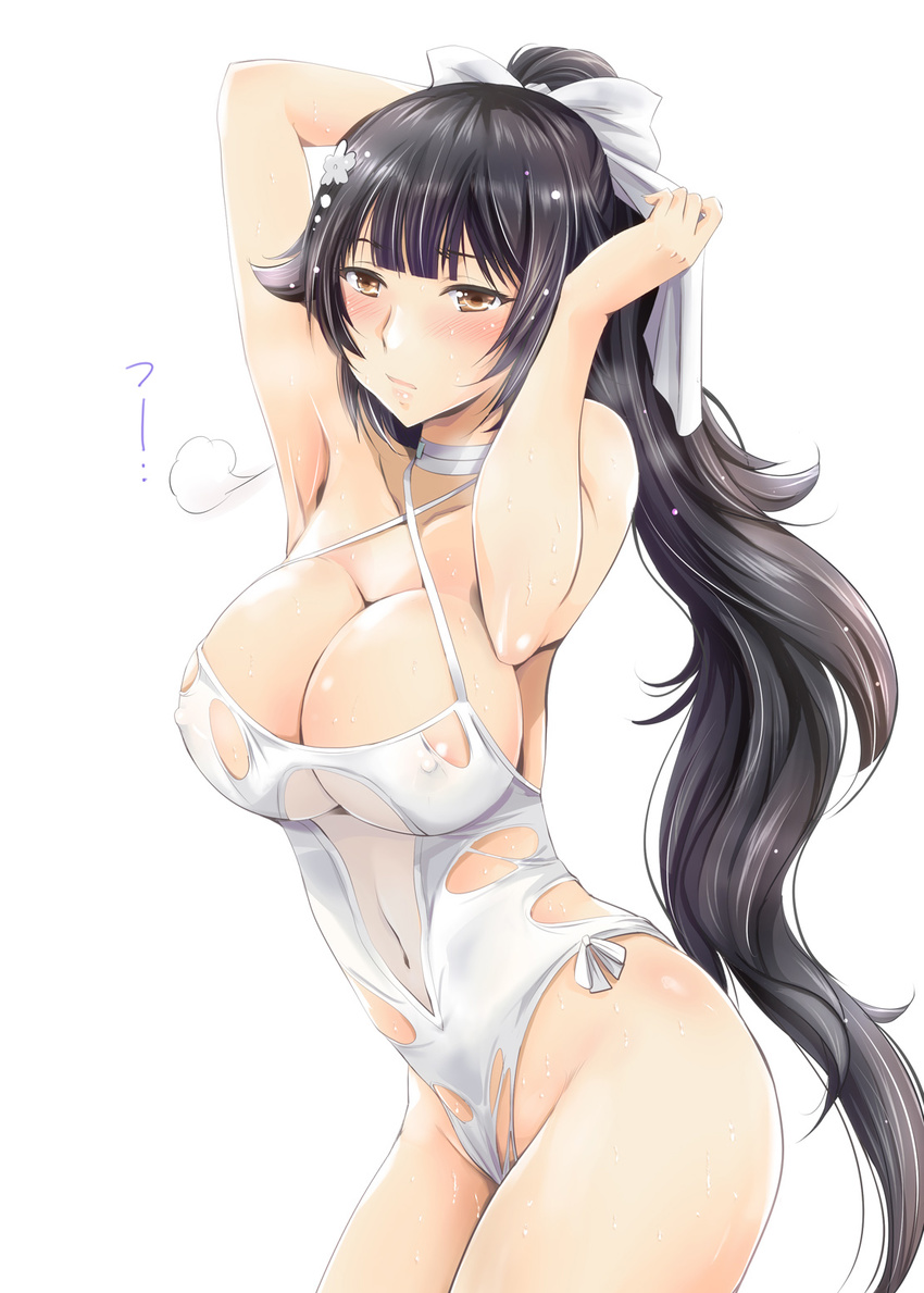 =3 arino_hiroshi armpits azur_lane bangs blush breasts closed_mouth cowboy_shot eyebrows_visible_through_hair hair_flaps highres large_breasts long_hair looking_at_viewer navel one-piece_swimsuit ponytail see-through sidelocks simple_background solo swimsuit takao_(azur_lane) tsurime very_long_hair white_background white_swimsuit