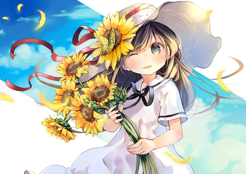 black_ribbon blue_sky blush brown_hair cloud cloudy_sky commentary_request day dress flower green_eyes hat holding holding_flower kuga_tsukasa long_hair looking_at_viewer neck_ribbon one_eye_closed original outdoors parted_lips petals ribbon sailor_collar short_sleeves sky smile solo summer sun_hat sundress sunflower upper_body white_dress