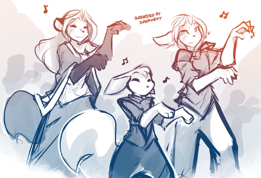 2017 aleric_(twokinds) anthro basitin canine clothed clothing dancing eyes_closed female feral fox group keidran laura_(twokinds) male mammal monochrome mrs_nibbly_(twokinds) musical_note nickolai_alaric rodent sketch squirrel thriller tom_fischbach twokinds
