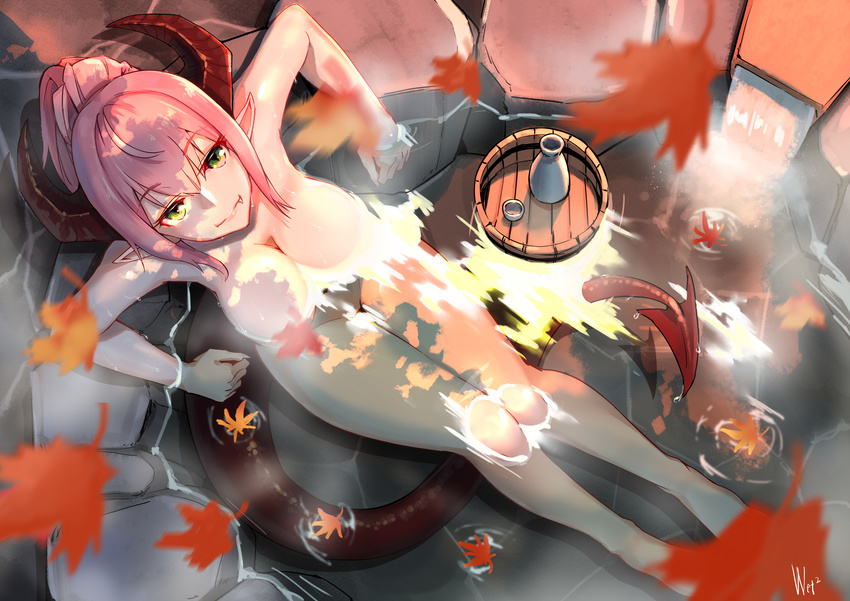 absurdres arm_support autumn_leaves bathing blurry breasts choko_(cup) cleavage closed_mouth collarbone convenient_censoring cup d-cao depth_of_field dragon_horns dragon_tail falling_leaves fang_out from_above green_eyes groin highres horns leaf light_censor lips long_hair looking_at_viewer looking_up masu medium_breasts monster_girl nude onsen original partially_submerged pink_hair pointy_ears ponytail sidelocks signature sitting smile solo stone sunlight tail tokkuri water