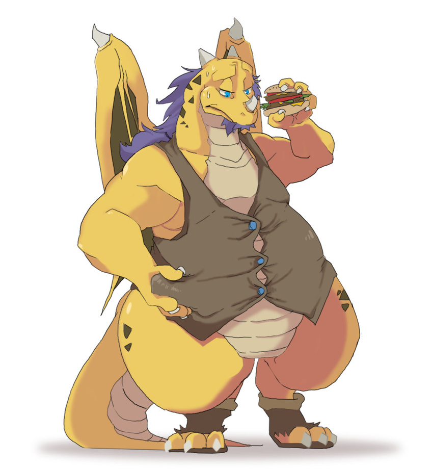 5_fingers anthro belly big_belly blue_eyes bluewhale127 bottomless burger button_(disambiguation) button_(fastener) claws clothed clothing dragon facial_hair food goatee hair horn kemono long_hair male overweight purple_hair scalie shirt solo sweat wings yellow_skin