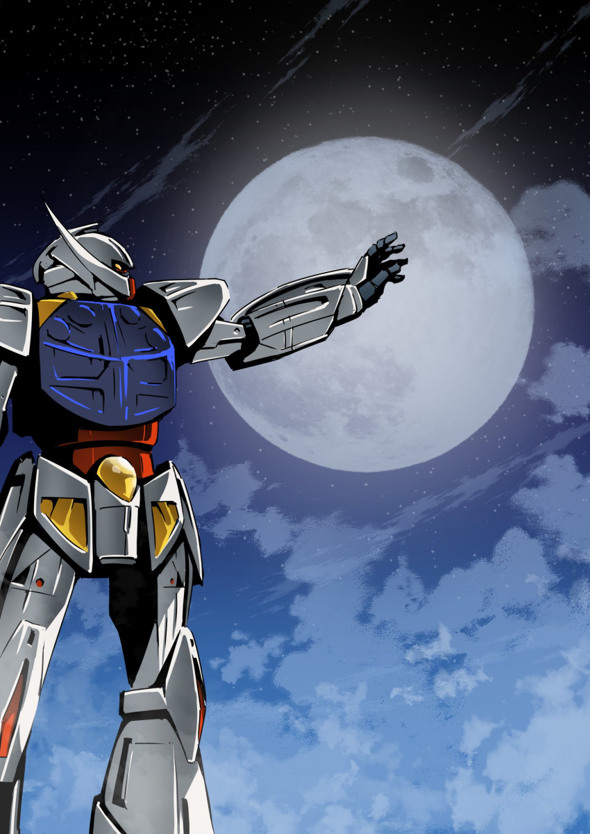 absurdres cloud full_moon gundam highres mecha moon night night_sky no_humans reaching_out sky star_(sky) starry_sky tsunashima_shirou turn_a_gundam turn_a_gundam_(mobile_suit)