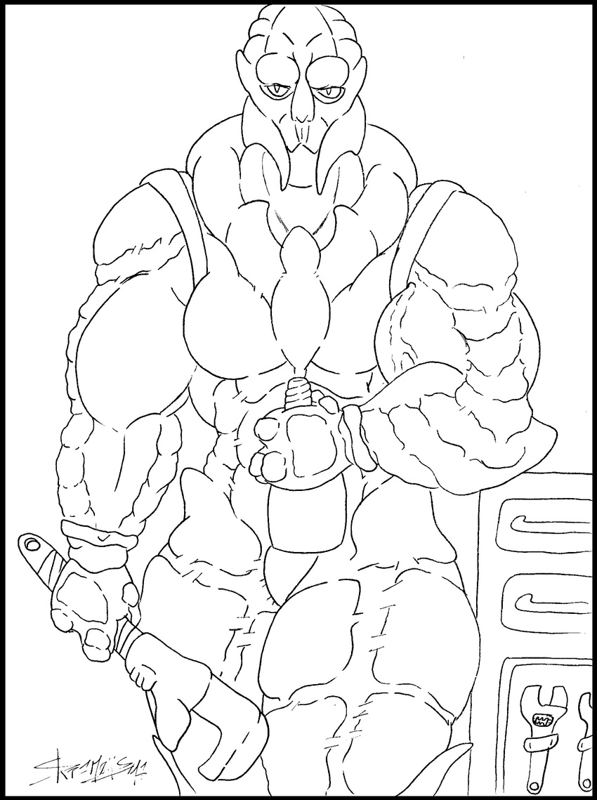 alcohol alien beverage bottle lampasso_levian line_art male mass_effect muscular skianous tools turian video_games wrench