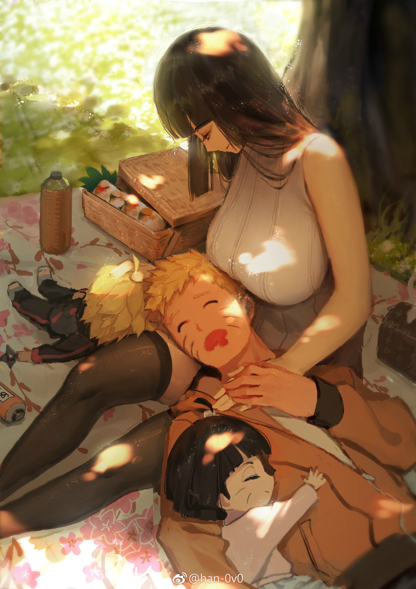2girls absurdres ahoge black_hair black_legwear blonde_hair breasts drooling family father_and_daughter father_and_son grass han-0v0 highres hime_cut hood hoodie hug huge_breasts husband_and_wife hyuuga_hinata lap_pillow lying mother_and_daughter mother_and_son multiple_boys multiple_girls naruto:_the_last naruto_(series) obentou on_back open_mouth picnic picnic_basket shade shuriken siblings sitting sleeping sleeping_on_person sleeveless smile spiked_hair thermos thighhighs tree uzumaki_boruto uzumaki_himawari uzumaki_naruto whisker_markings