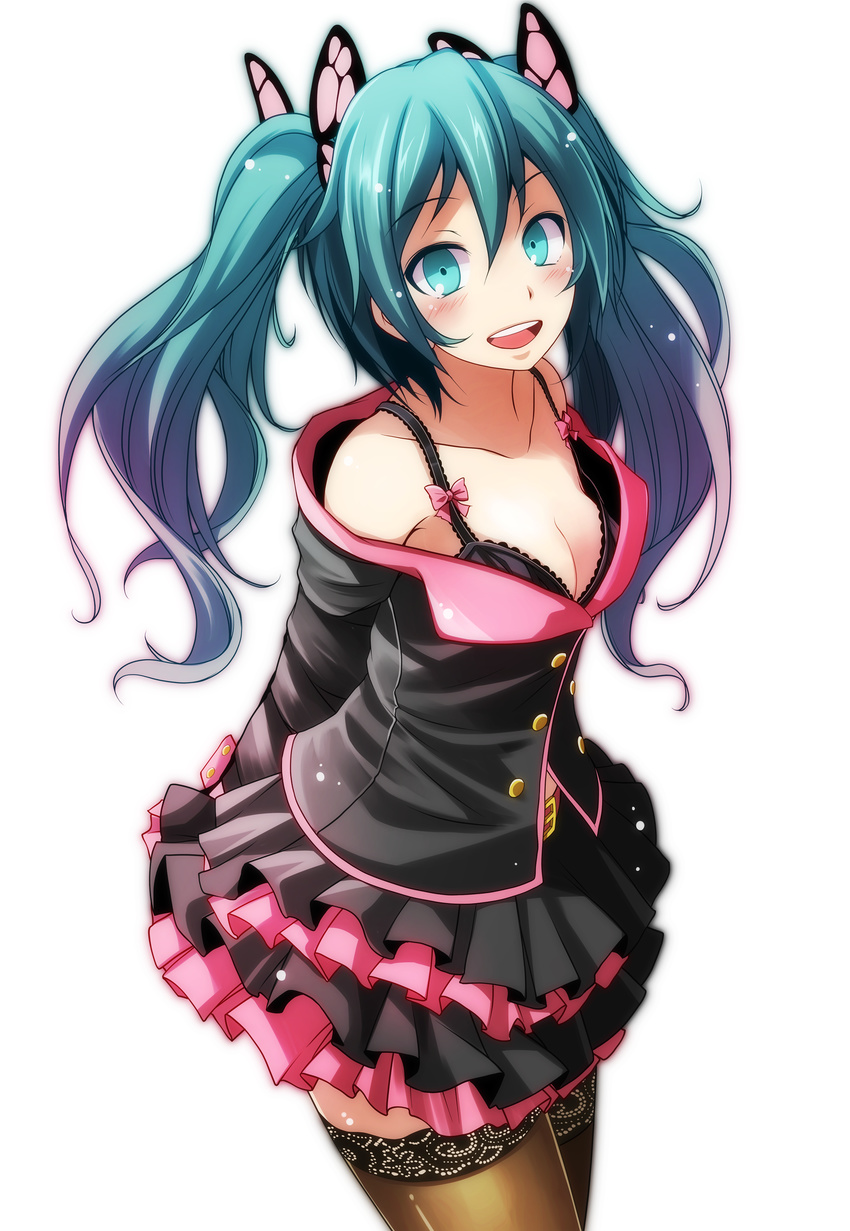 :d absurdres aqua_eyes aqua_hair arms_behind_back belt_buckle black_bra black_jacket blush bow bra breasts brown_legwear buckle butterfly_hair_ornament cleavage collarbone cowboy_shot eyebrows_visible_through_hair gradient_hair hair_between_eyes hair_ornament hatsune_miku highres honey_whip_(module) jacket layered_skirt long_hair long_sleeves looking_at_viewer multicolored_hair off_shoulder open_mouth pink_bow pink_hair project_diva_(series) project_diva_f round_teeth simple_background small_breasts smile solo standing sweet_devil_(vocaloid) teeth thighhighs tsukishiro_saika underwear very_long_hair vocaloid white_background zettai_ryouiki