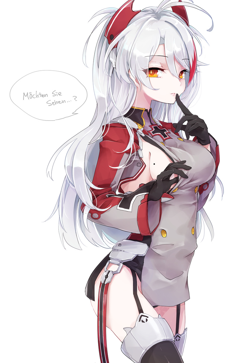 absurdres azur_lane bangs black_gloves black_legwear breasts closed_mouth commentary_request eyebrows_visible_through_hair finger_to_mouth garter_straps german gloves hair_between_eyes hand_to_own_mouth hand_under_clothes headgear highres iron_cross large_breasts long_hair long_sleeves looking_at_viewer military military_uniform mole mole_on_breast orange_eyes prinz_eugen_(azur_lane) ranguage shichijou_natori sideboob silver_hair simple_background solo thighhighs translated two_side_up uniform white_background