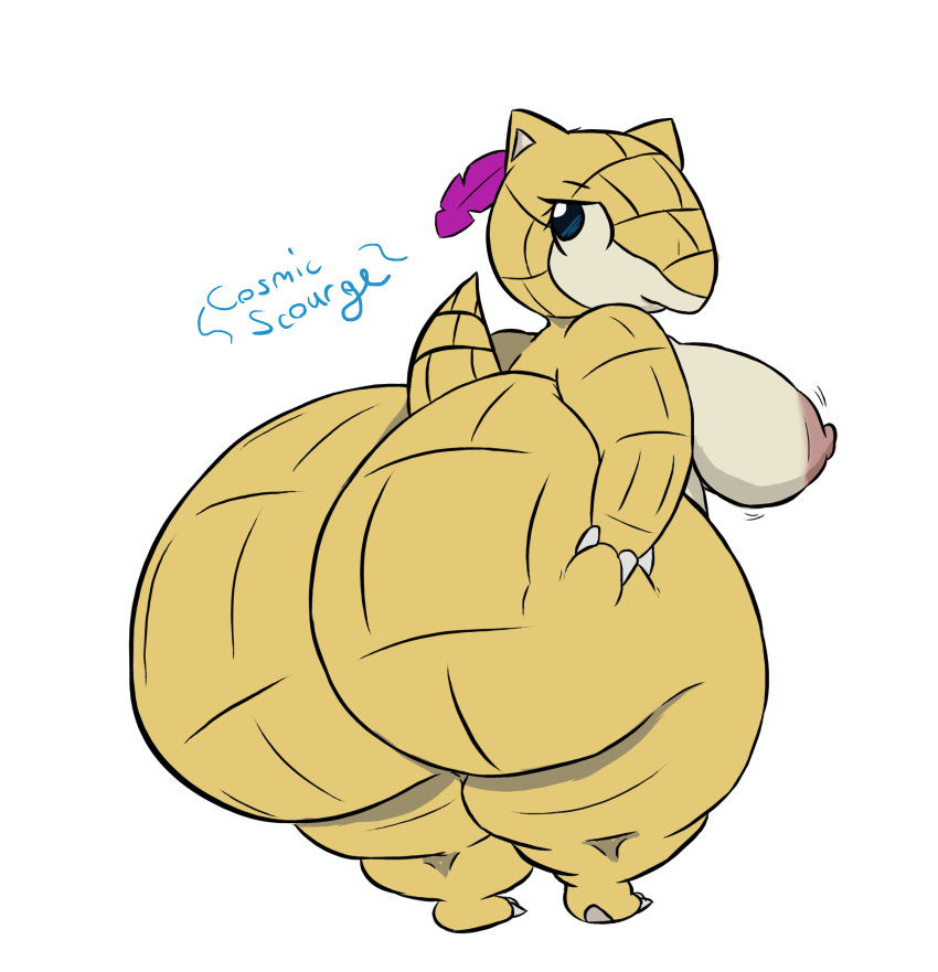 2018 anthro areola big_butt big_thighs breasts butt butt_grab cosmicscourge female grope hand_on_butt huge_butt huge_thighs hyper hyper_butt hyper_thighs looking_at_viewer looking_back nintendo nipples pok&eacute;mon pok&eacute;mon_(species) sandshrew short_stack slightly_chubby video_games voluptuous wide_hips