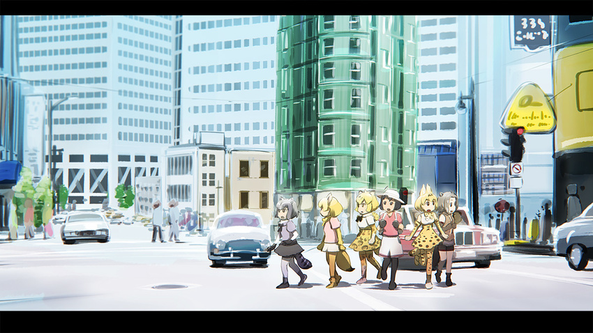 american_beaver_(kemono_friends) animal_ears bow bowtie building car city commentary common_raccoon_(kemono_friends) elbow_gloves fennec_(kemono_friends) gloves ground_vehicle hat helmet high-waist_skirt jaguar_(kemono_friends) kaban_(kemono_friends) kemono_friends letterboxed motor_vehicle movie_reference multiple_girls outdoors pith_helmet print_gloves red_shirt serval_(kemono_friends) serval_ears serval_print serval_tail shirt skirt skyscraper sleeveless sleeveless_shirt star_trek striped_tail tail traffic_light ueyama_michirou