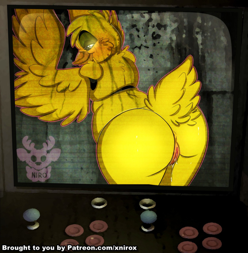 against_wall animatronic anthro anus arcade_machine avian beak big_butt bird butt chica_(fnaf) chicken feathers female five_nights_at_freddy's five_nights_at_freddy's_3 glowing glowing_eyes half-closed_eyes looking_at_viewer looking_back machine monitor nude phantom phantom_chica_(fnaf) presenting presenting_anus presenting_hindquarters presenting_pussy pussy pussy_juice robot smile solo thick_thighs video_games wings xnirox