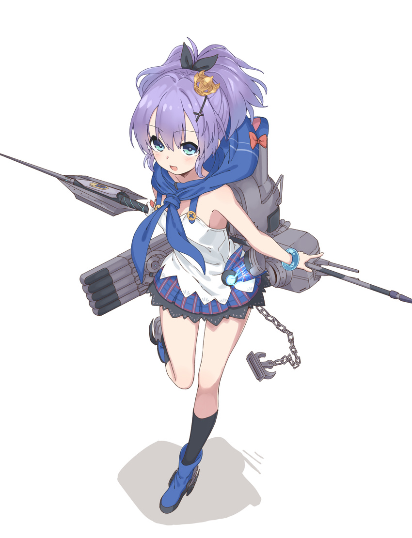 anchor aqua_eyes armband azur_lane black_ribbon blouse blue_cape boots bracelet camisole cape chain commentary_request cross_hair_ornament crown full_body gloves hair_ornament hairclip highres javelin_(azur_lane) jewelry lace lace-trimmed_skirt lavender_hair looking_at_viewer machinery mini_crown neme1228 open_mouth plaid plaid_skirt polearm ponytail ribbon simple_background skirt solo spear split_ponytail standing standing_on_one_leg torpedo torpedo_tubes turret weapon white_background