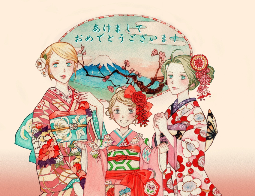 :d alternate_costume alternate_hairstyle blonde_hair blue_eyes blush celes_chere final_fantasy final_fantasy_vi floral_print flower green_hair hair_flower hair_ornament hair_up japanese_clothes jime_(sipopo2027) kimono looking_at_viewer multiple_girls open_mouth relm_arrowny smile tina_branford translation_request