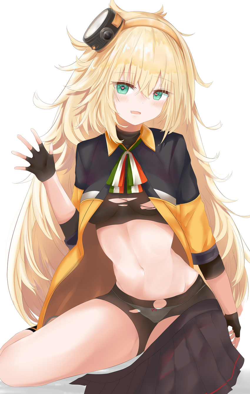 absurdres bike_shorts black_gloves black_shorts black_skirt blonde_hair blush bow bow_panties breasts crop_top eyebrows_visible_through_hair fang fingerless_gloves girls_frontline gloves green_eyes hair_between_eyes hairband heart heart-shaped_pupils highres long_hair looking_at_viewer medium_breasts midriff navel open_mouth orange_hairband panties panties_under_bike_shorts panties_under_shorts pink_bow pleated_skirt ru_zhai s.a.t.8_(girls_frontline) shorts simple_background sitting skirt skirt_around_one_leg solo stomach symbol-shaped_pupils torn_clothes torn_shorts underwear very_long_hair white_background