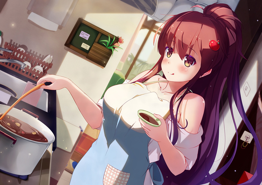 apple_hair_ornament apron breasts brown_eyes brown_hair cutting_board dishes dutch_angle food food_themed_hair_ornament hair_ornament indoors kitchen ladle lamp large_breasts licking_lips long_hair original pocket ponytail pot sink standing stew tongue tongue_out window zongmao