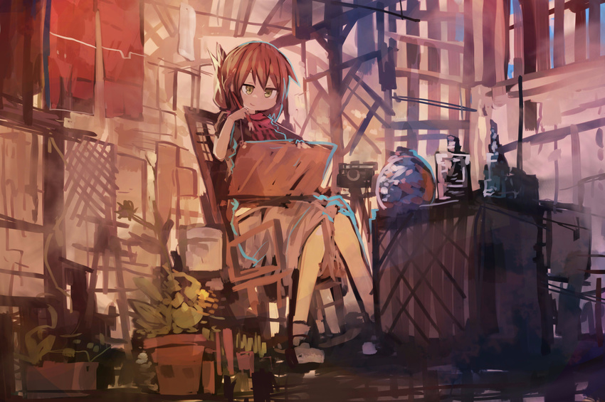 absurdres bangs brown_hair camera chair commentary_request contemporary folded_ponytail highres holding inazuma_(kantai_collection) kaamin_(mariarose753) kantai_collection paintbrush painting plant potted_plant shoes sitting smile solo studio yellow_eyes