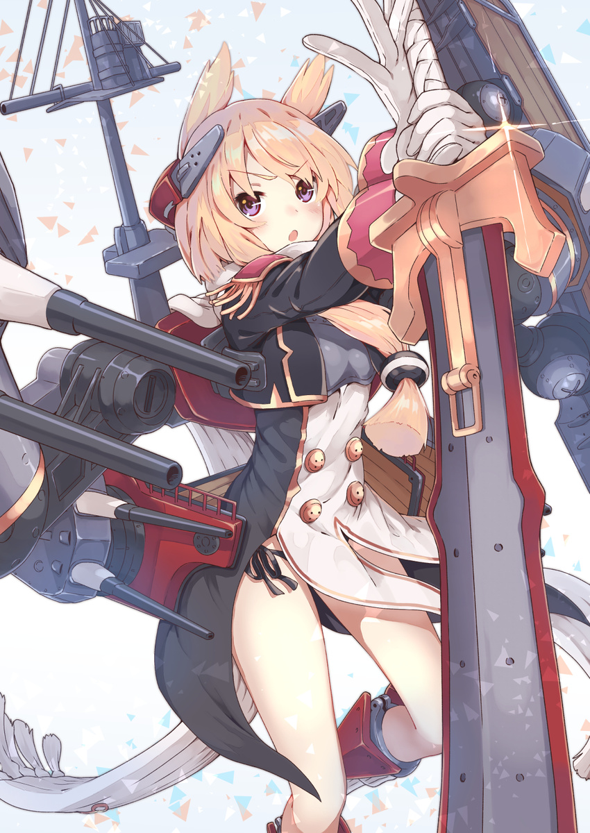 animal_ears azur_lane bangs black_panties blazer blonde_hair blush commentary_request cropped_jacket epaulettes gloves hair_between_eyes headgear highres holding holding_sword holding_weapon jacket long_hair looking_at_viewer military military_uniform neme1228 no_pants open_mouth panties purple_eyes scarf side-tie_panties solo sword turret underwear uniform warspite_(azur_lane) weapon white_gloves white_scarf