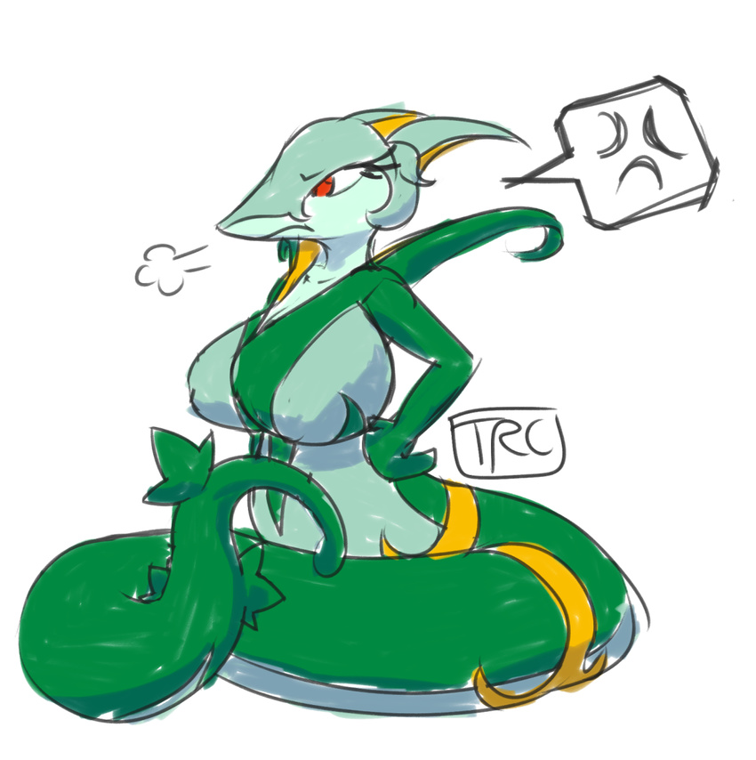 angry big_breasts breasts digital_media_(artwork) featureless_breasts female huff naga nintendo pok&eacute;mon pok&eacute;mon_(species) pok&eacute;morph red_eyes reptile scalie serperior simple_background snake solo speech_bubble trcfan video_games