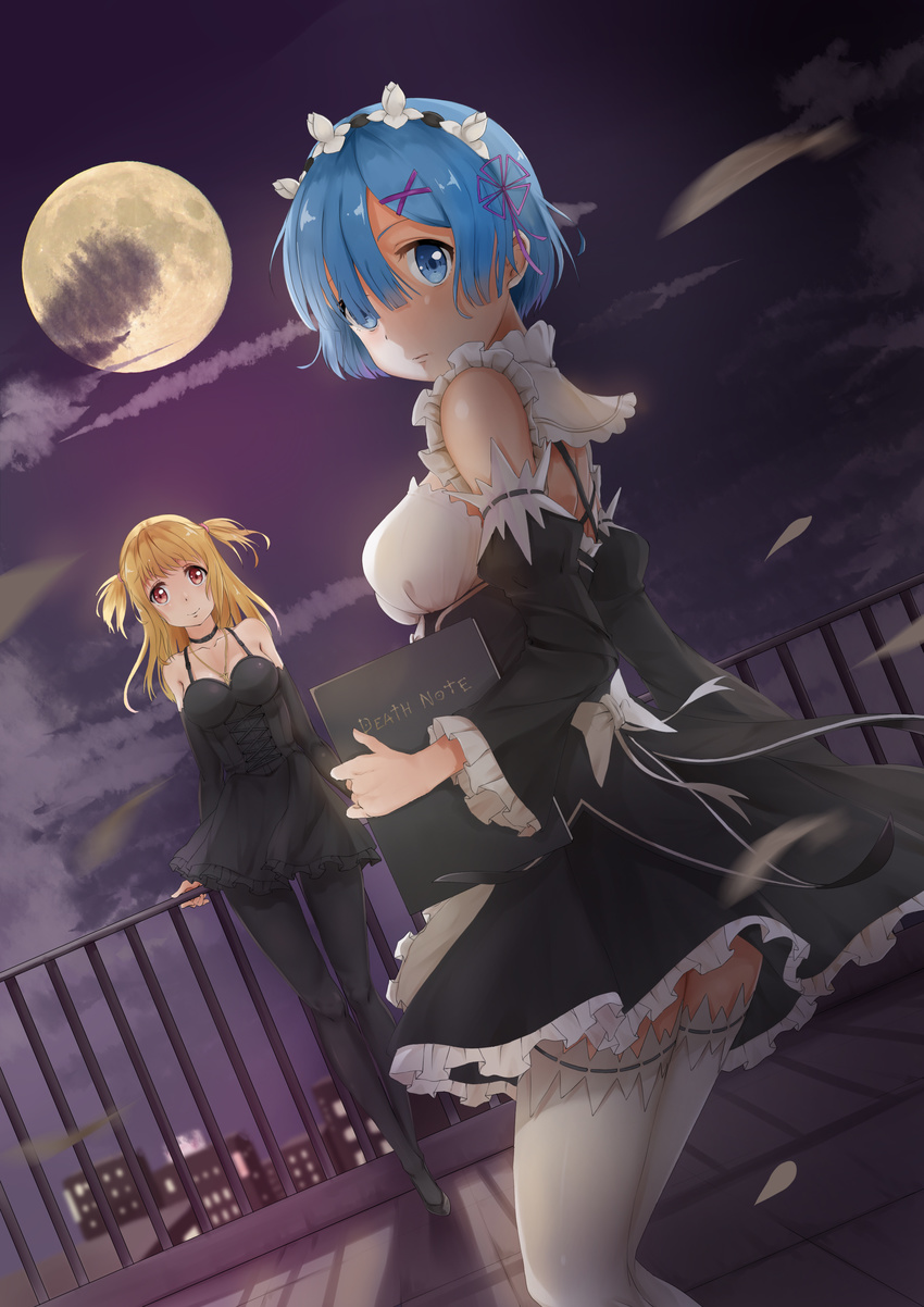 absurdres amane_misa bare_shoulders black_dress black_legwear blonde_hair blue_eyes blue_hair choker city crossover death_note death_note_(object) detached_collar detached_sleeves dress frilled_sleeves frills full_moon gothic_lolita hair_ornament hair_over_one_eye highres lolita_fashion long_hair long_sleeves looking_at_viewer looking_back maid maid_headdress moon multiple_girls namesake night pantyhose purple_ribbon railing re:zero_kara_hajimeru_isekai_seikatsu rem_(re:zero) ribbon ribbon-trimmed_legwear ribbon-trimmed_sleeves ribbon_trim rooftop short_hair sky-mk2 smile thighhighs two_side_up white_legwear wind x_hair_ornament zettai_ryouiki