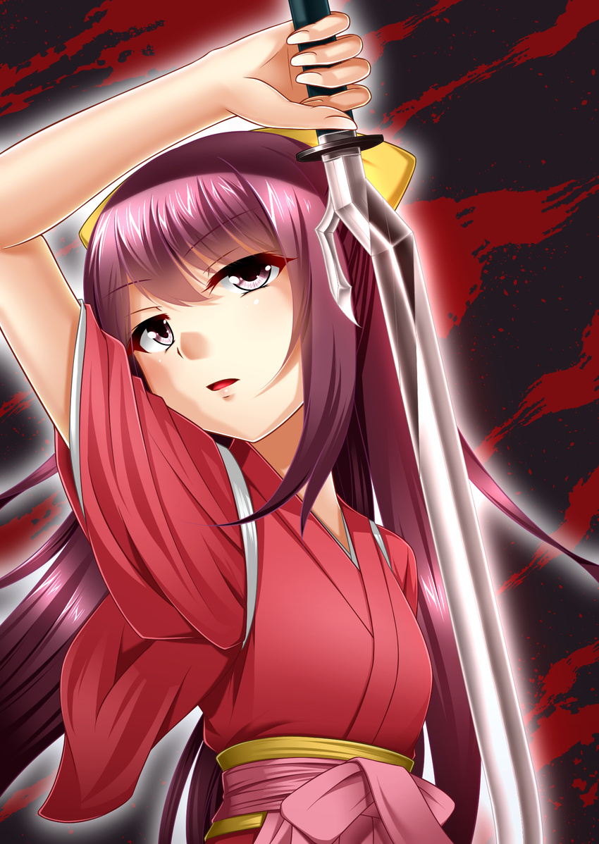 bow hair_bow hakama highres hinagiku-19 japanese_clothes kamikaze_(kantai_collection) kantai_collection kimono long_hair looking_at_viewer meiji_schoolgirl_uniform open_mouth pink_hakama purple_hair red_eyes red_kimono sheath solo sword tasuki unsheathing upper_body weapon yellow_bow