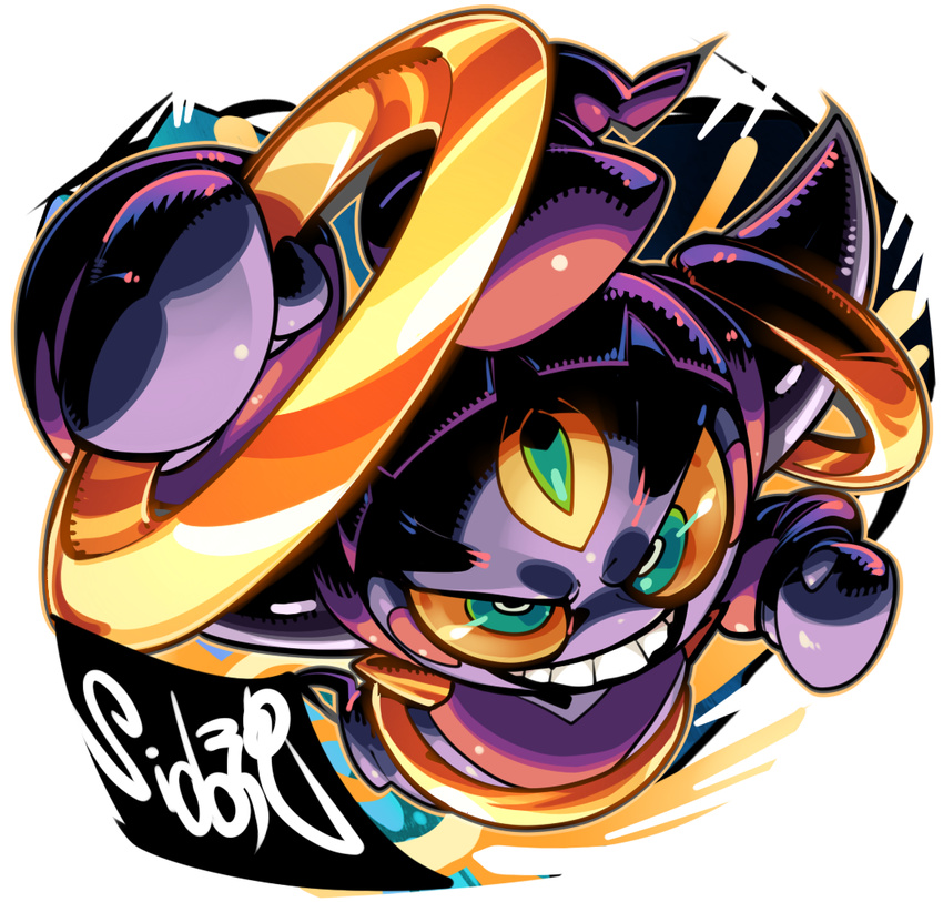 gen_6_pokemon green_eyes grin hoopa looking_at_viewer no_humans orange_sclera pokemon pokemon_(creature) sido_(slipknot) signature smile solo teeth