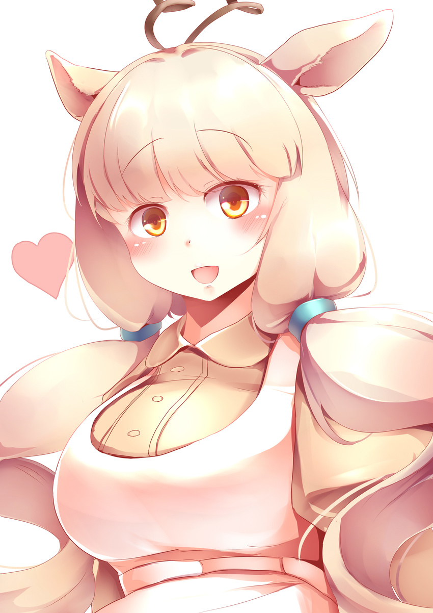 :d absurdres animal_ears bangs blunt_bangs blush breasts collared_shirt dress eyebrows_visible_through_hair goat_ears highres horns kanzakietc kemono_friends large_breasts long_hair looking_at_viewer low_twintails markhor_(kemono_friends) open_mouth orange_eyes pink_hair shirt simple_background smile solo twintails upper_body vest white_background