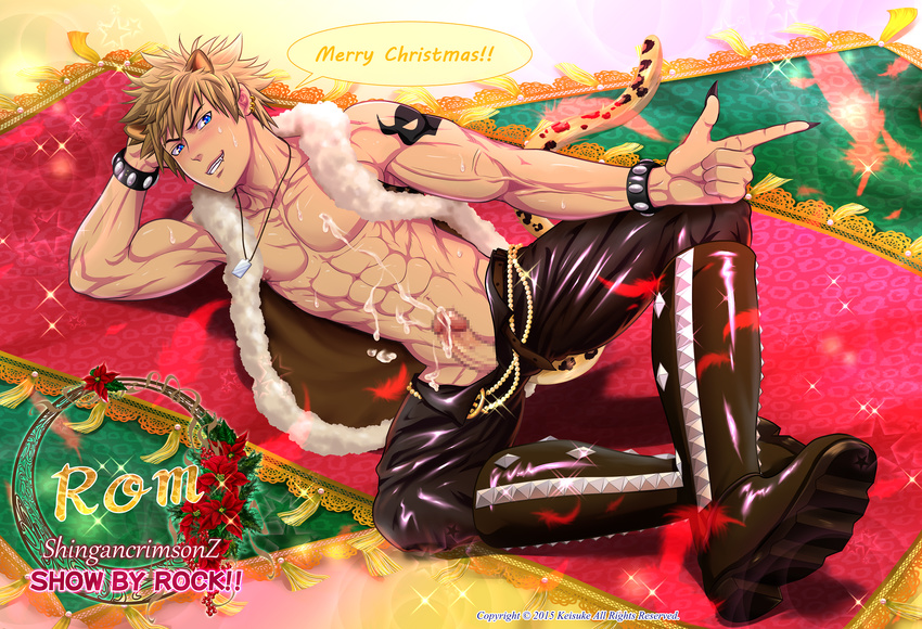 abs animal_ears blush boot christmas cum full_body keisuke_(kes) lying male_focus presenting smile sweat